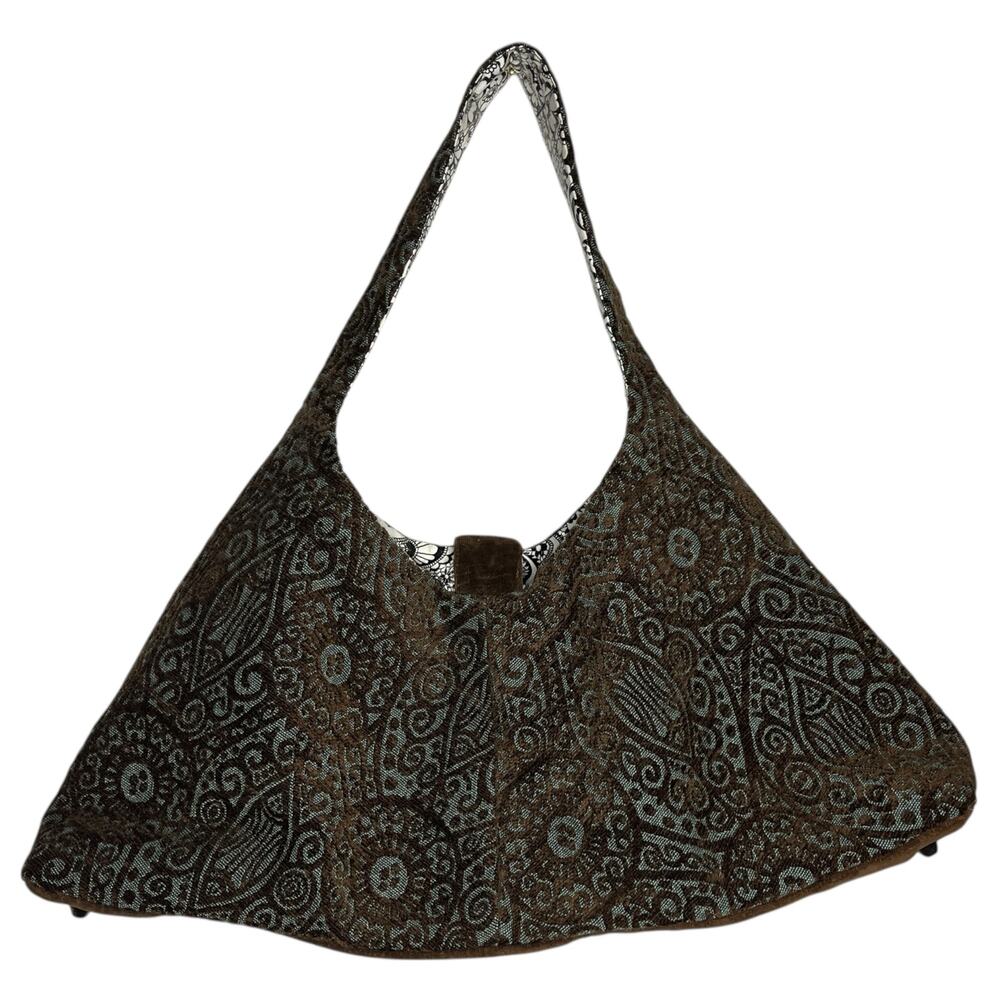 Offhand Designs Crescent Shoulder Knitting Bag Brown Textured Woven Artisanal - Picture 2 of 8